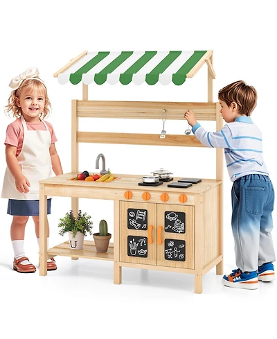 Gymax Kids Mud Kitchen Outdoor Wooden Pretend Play Kitchen w/ 4 Stoves, Canopy Faucet