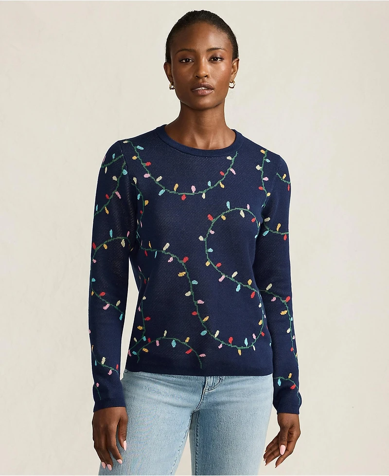 Lands' End Women's Fine Gauge Cotton All Over Jacquard Crew Neck Sweater