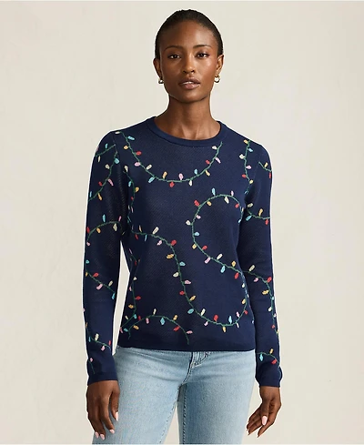 Lands' End Women's Fine Gauge Cotton All Over Jacquard Crew Neck Sweater