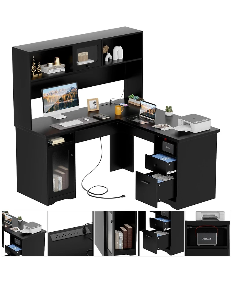 L Shaped Desk with Hutch, Corner Workstation Charge Station and File Cabinet