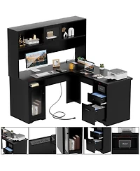 L Shaped Desk with Hutch, Corner Workstation Charge Station and File Cabinet