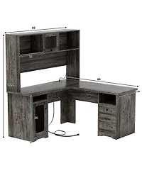 L Shaped Desk with Hutch, Corner Workstation Charge Station and File Cabinet