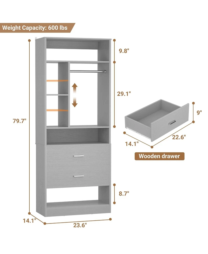 Aheaplus 23.6'' Freestanding Closet System with 2 Drawers and 6 Shelves, 2FT Small Walk-in Organizer Hanging Rod
