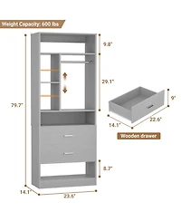 Aheaplus 23.6'' Freestanding Closet System with 2 Drawers and 6 Shelves, 2FT Small Walk-in Organizer Hanging Rod