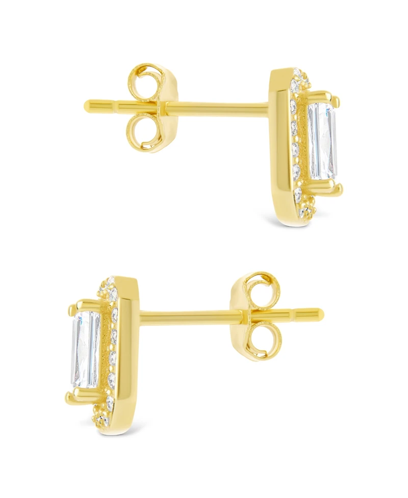 Sterling Forever Silver Emerald Cut Brilliant Halo Studs