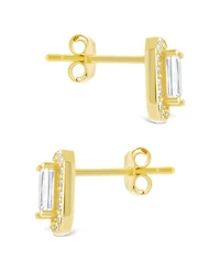 Sterling Forever Silver Emerald Cut Brilliant Halo Studs