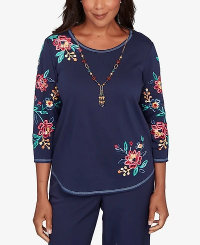 Alfred Dunner Plus Saratoga Springs Embroidered Sleeve Knit Top with Necklace