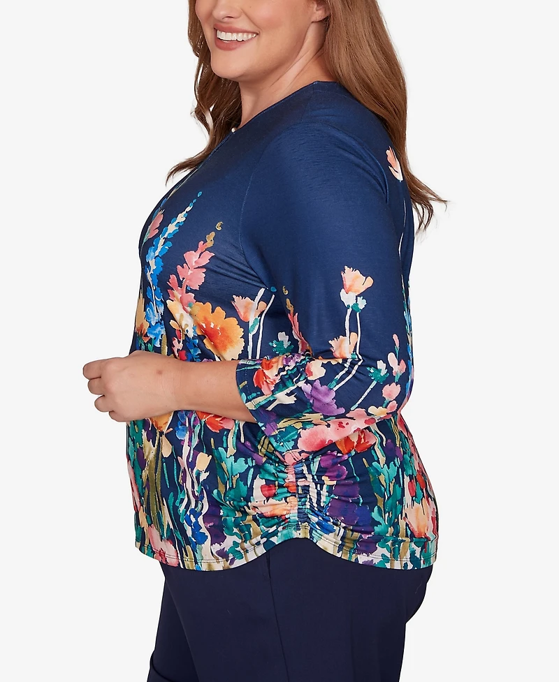 Alfred Dunner Plus Saratoga Springs Vertical Floral Border Knit Top