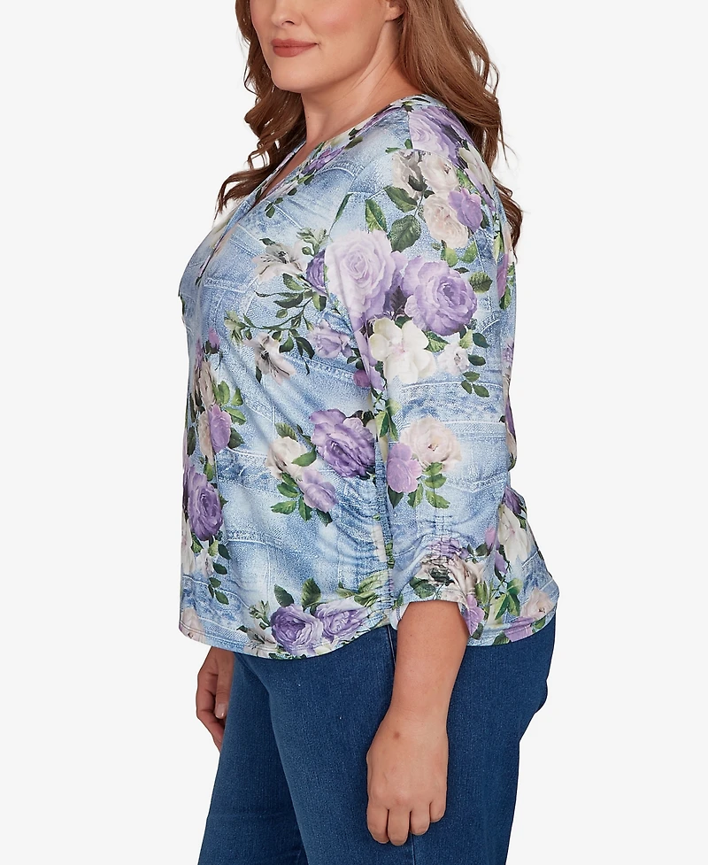 Alfred Dunner Plus Hilton Head Denim Floral Applique Henley Top