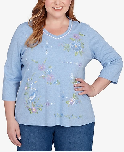 Alfred Dunner Plus Hilton Head Cross Stitched Floral Top