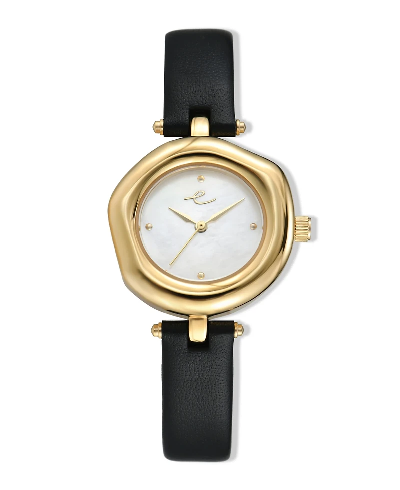 Ettika Open Circle Gold Plated Black Leather Watch, 70-110mm