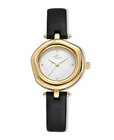 Ettika Open Circle Gold Plated Black Leather Watch, 70-110mm