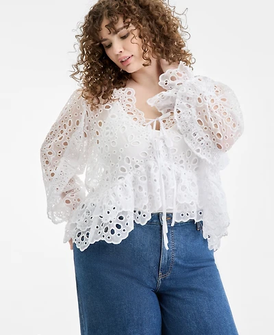 On 34th Trendy Plus Tie-Front Cut-Work Blouse, Macy's Exclusive
