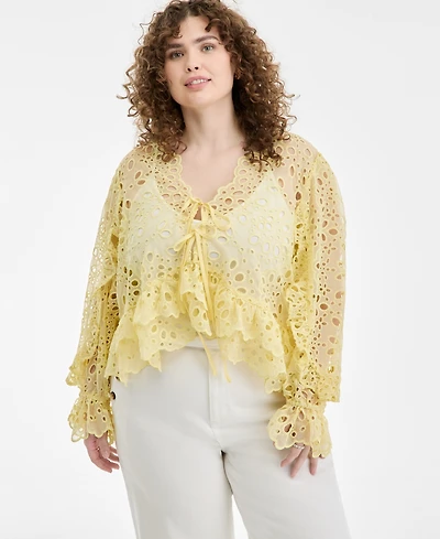On 34th Trendy Plus Tie-Front Cut-Work Blouse, Macy's Exclusive