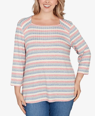 Ruby Rd. Plus Marled Stripe Envelope Neck Rib Knit Top