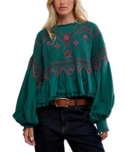 Free People Women's Holly Crewneck Geometric Embroidered Top