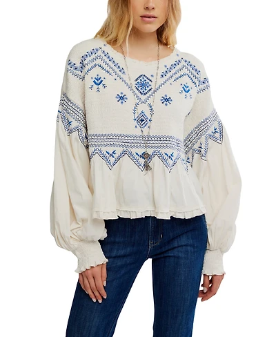 Free People Women's Holly Crewneck Geometric Embroidered Top