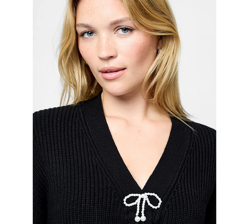 Fcuk Women's Babysoft Knit V-Neck Embellished Bow Cardigan Sweater