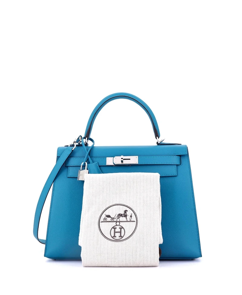 Pre-Owned HERMES Kelly 28 Handbag Blue Epsom with Palladium Hardware