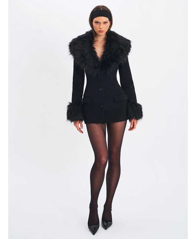 Miss Circle Women Hailee Black Single Breasted Wool Blend Mini Coat with Removable Fur Lapel