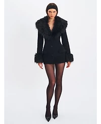 Miss Circle Women Hailee Black Single Breasted Wool Blend Mini Coat with Removable Fur Lapel