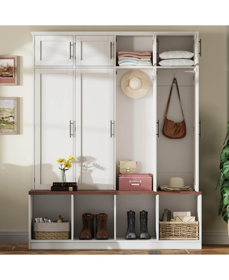 Streamdale Farmhouse Hall Tree Bench, Hidden Hooks, Shoe Cabinet - White