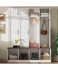 Streamdale Farmhouse Hall Tree Bench, Hidden Hooks, Shoe Cabinet - White