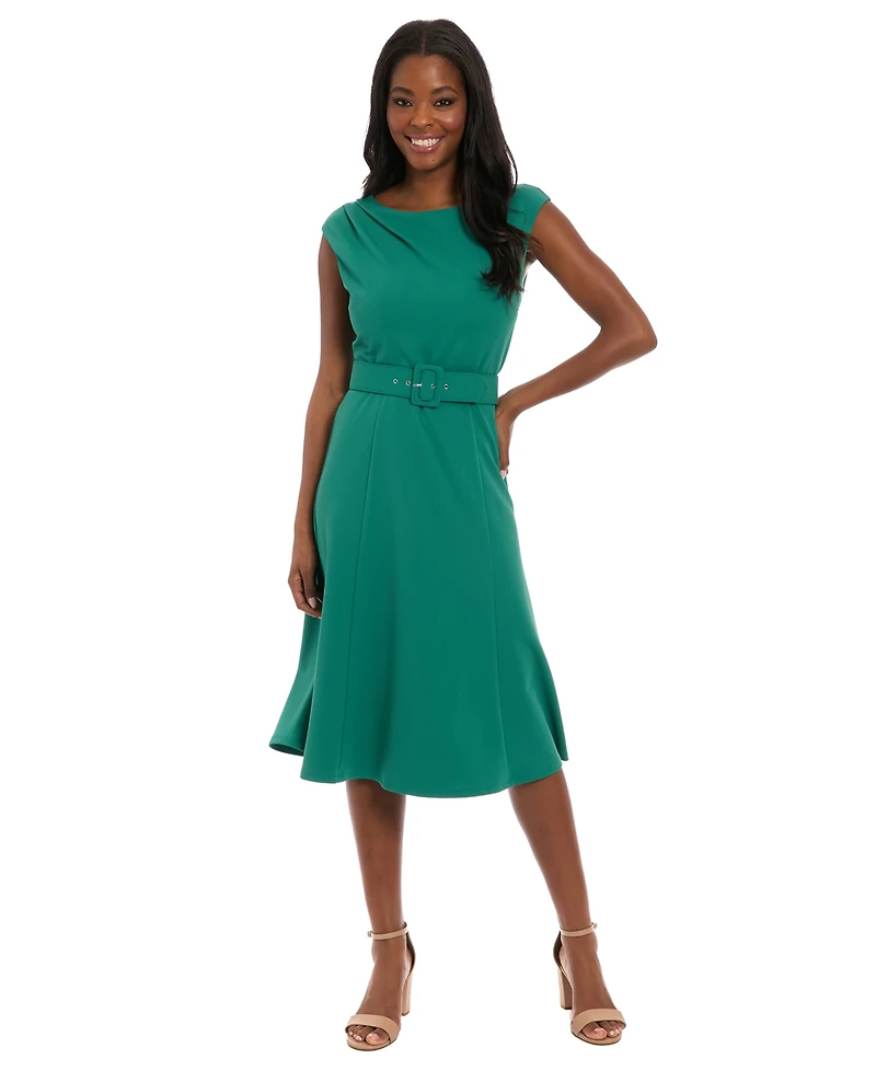 London Times Women's Boat Neck Fit and Flare Dress