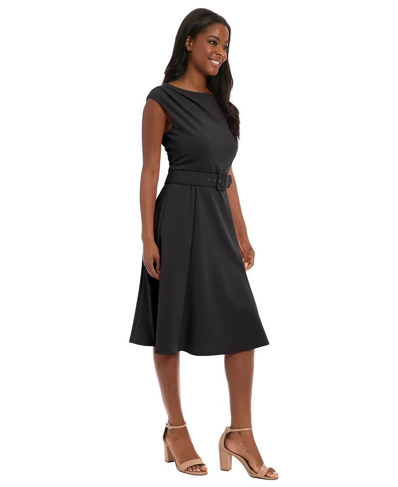 London Times Women's Boat Neck Fit and Flare Dress
