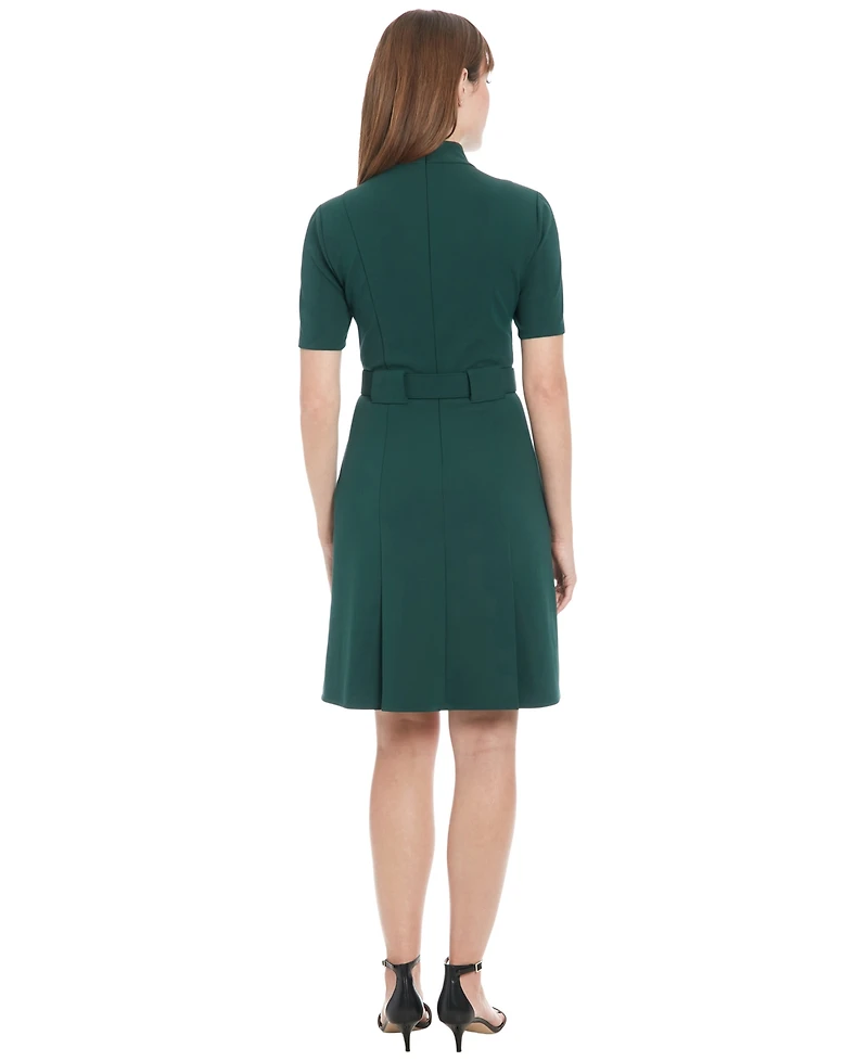 London Times Women's Belted Pleated Fit & Flare Dress