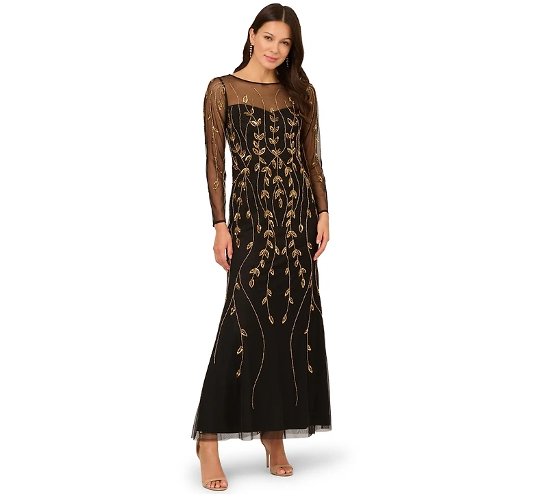 Adrianna Papell Women's Beaded Long-Sleeve Dress