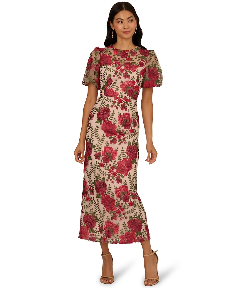 Adrianna Papell Women's Embroidered Puff Sleeve Dress