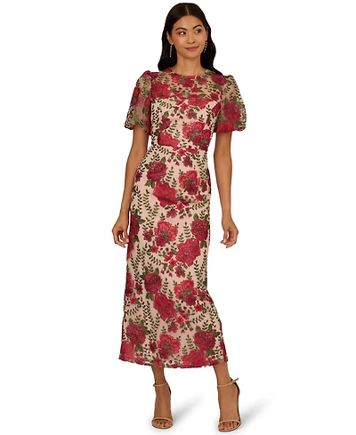 Adrianna Papell Women's Embroidered Puff Sleeve Dress