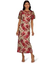 Adrianna Papell Women's Embroidered Puff Sleeve Dress