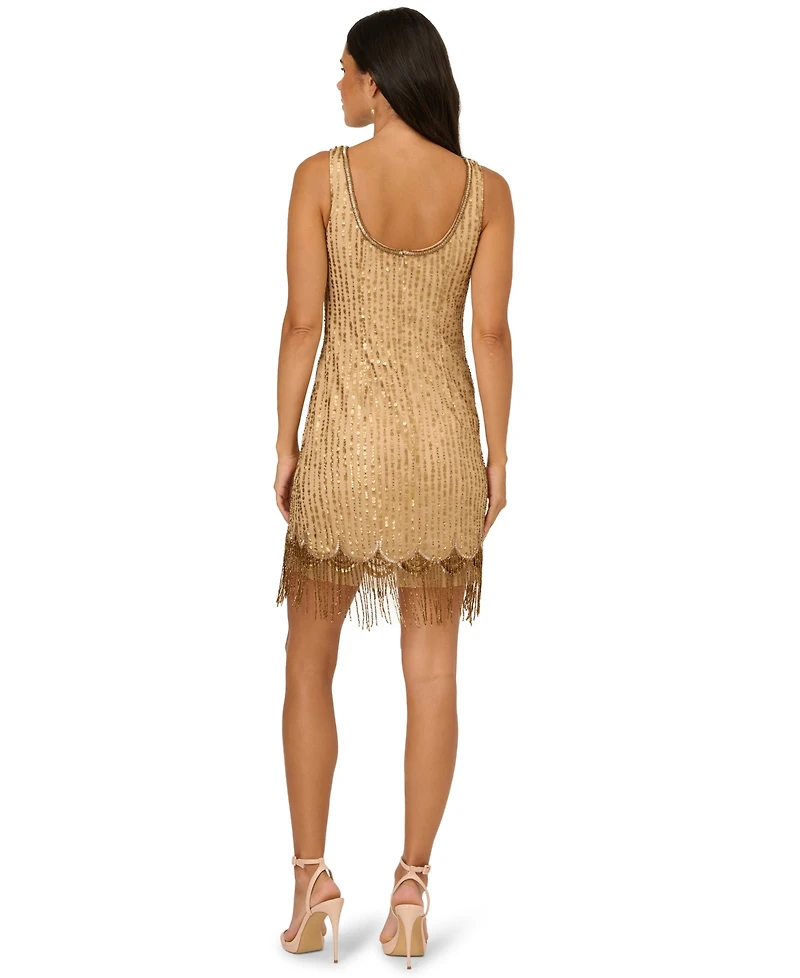 Adrianna Papell Women's Boat Neck Beaded Fringe Detail Mini Dress