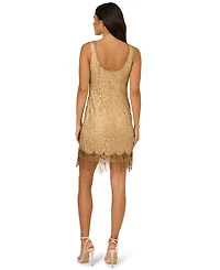 Adrianna Papell Women's Boat Neck Beaded Fringe Detail Mini Dress