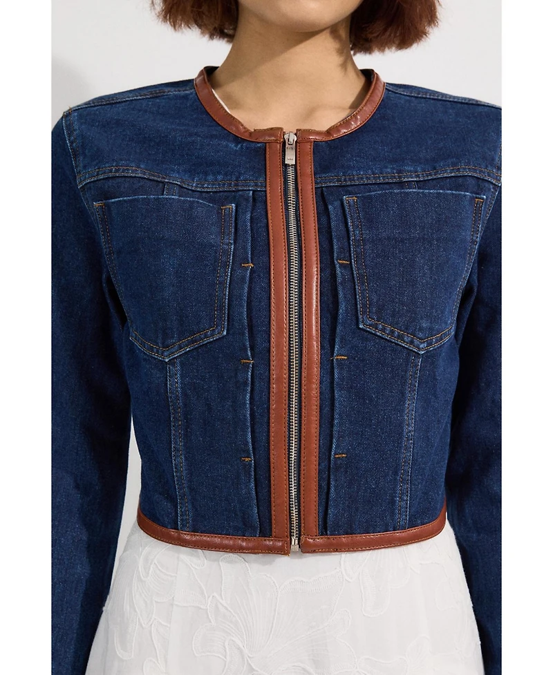 Karen Millen Women's Denim & Leather Collarless Jacket