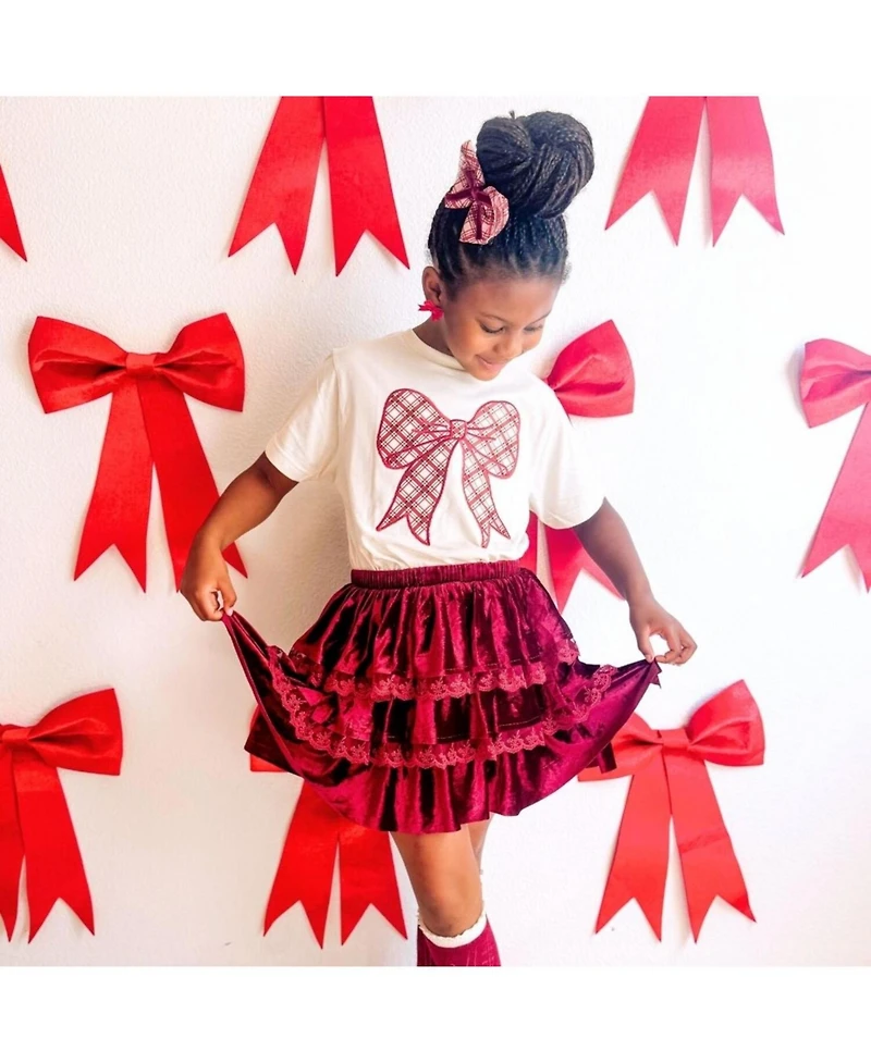 Sweet Wink Toddler Girls Christmas Plaid Bow Patch Short Sleeve T-Shirt