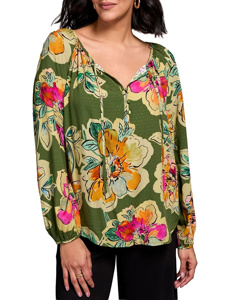 Tribal Women's Floral Textured Wove Notch Neck Top