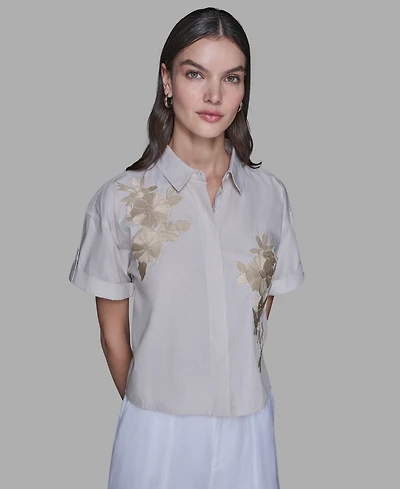 Karl Lagerfeld Paris Women's Striped Floral Detail Top