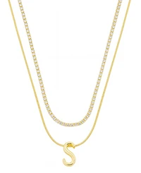 Unwritten Letter "A" Initial Snake Chain Cubic Zirconia Necklace With Extender 2Pcs Set - Gold
