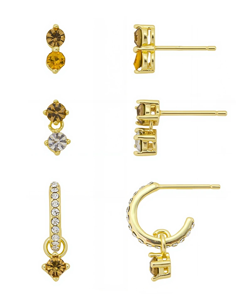 Unwritten Yellow Topaz Crystal Post Stud 12Mm Crystal Post Hoop 3Pair Ear Set