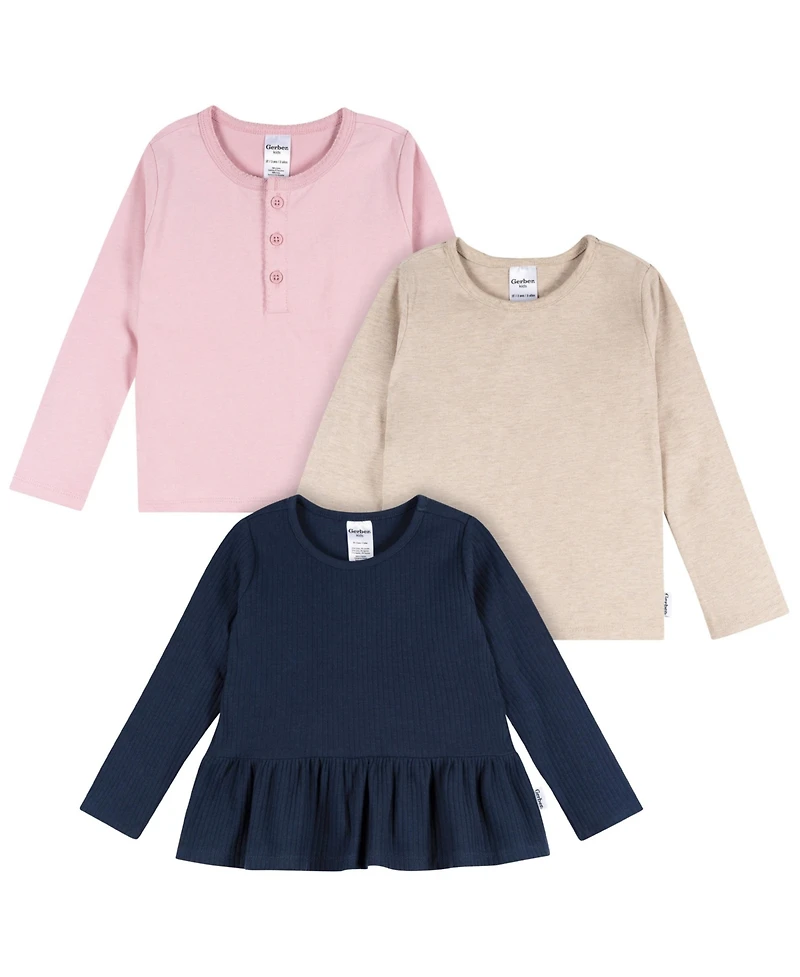 Gerber Toddler Girls 3-Pack Long Sleeve Shirts, Green/Pink/Coral, 4T