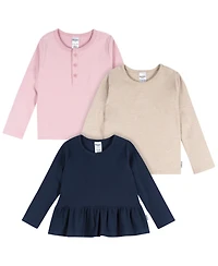 Gerber Toddler Girls 3-Pack Long Sleeve Shirts, Green/Pink/Coral, 4T
