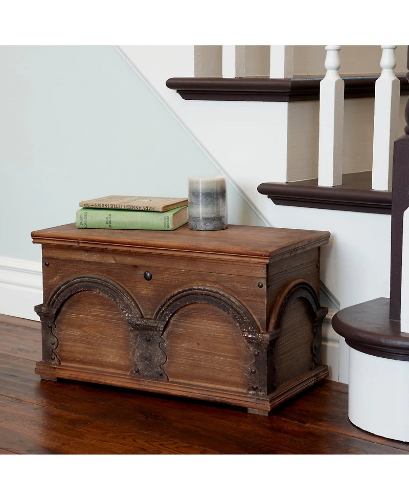 Household Essentials Small Wooden Arch Storage Trunk, Stained Wood with Decorative Arches, Brown