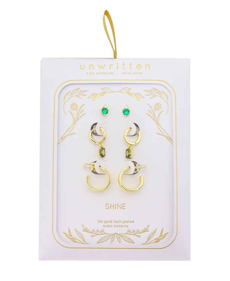 Unwritten Clear With Emerald Cubic Zirconia, Peridot Cubic Zirconia Andless Hoop Plain Post Hoop 3Pair Ear Set