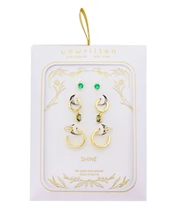 Unwritten Clear With Emerald Cubic Zirconia, Peridot Cubic Zirconia Andless Hoop Plain Post Hoop 3Pair Ear Set