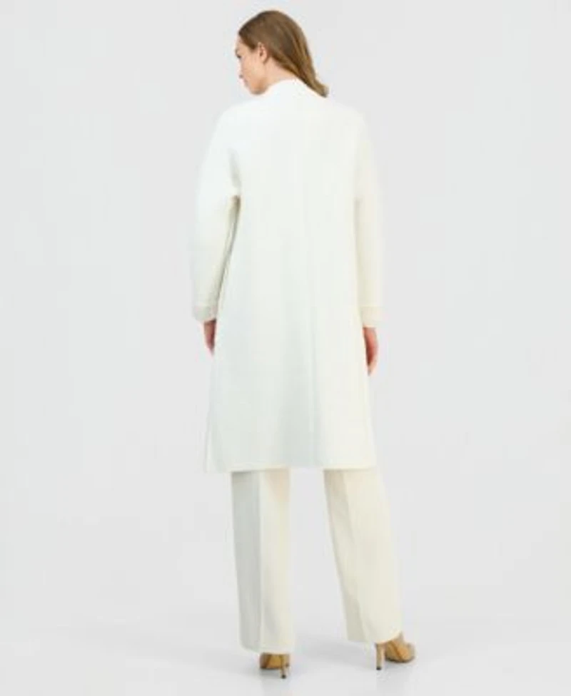 Anne Klein Womens Open Front Long Sleeve Cardigan Mock Neck Embroidered Sweater