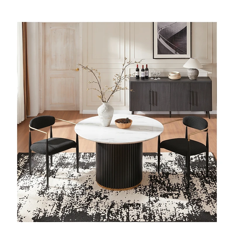 Morden Fort Modern Faux Marble Dining Set With 47" Round Table And 4 Boucle Armchairs Metal Base for Dining Room Kitchen