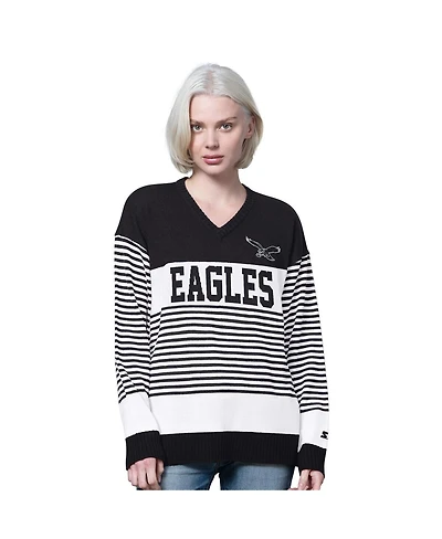 Starter Women's Black Philadelphia Eagles No Huddle Striped V-Neck Sweater